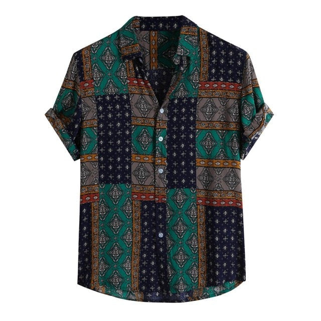 Men Shirt Ethnic Printed Shirts Summer Retro Vintage Streetwear Short Sleeves Button Harajuku Blouse chemise Homme Ropa Hombre