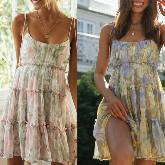 Floral Print Boho Sundress Women Ruffle Summer Dress Casual Beach Short Dress Flower Vintage Dress Women Fashion Clothes