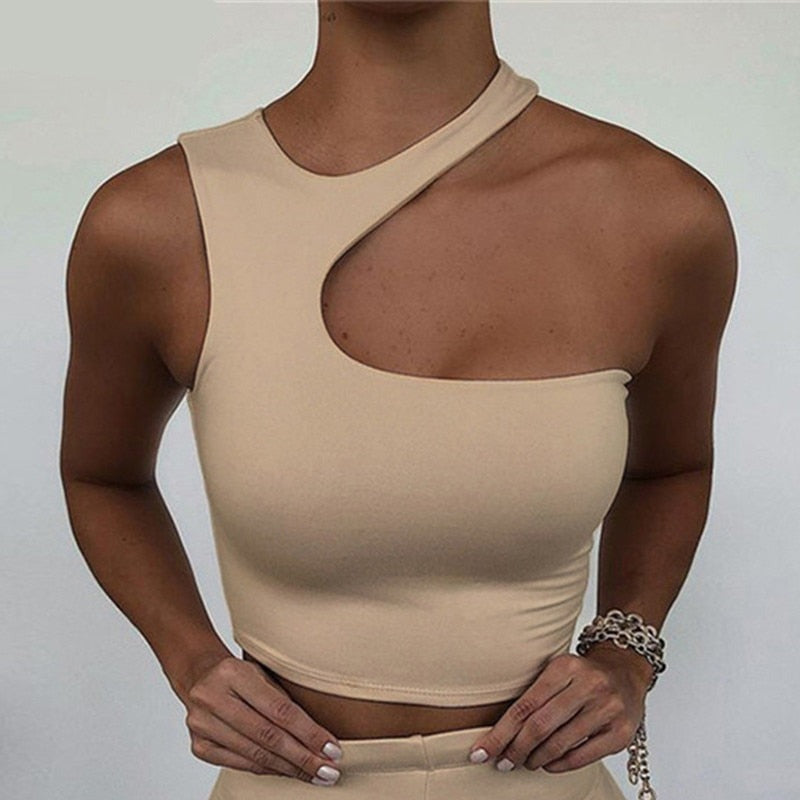 Hnewly Cut Out Sexy Crop Off Shoulder Solid 2021 Skinny Sport Short Tops Women Tank Irregular Summer Tube Tops