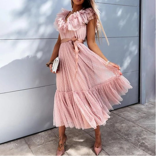 2021 Summer Ladies Sexy Deep V Neck Gauze Party Dress Women Elegant Solid Sleeveless Knee-Length Dress Streetwear Sweet Dresses