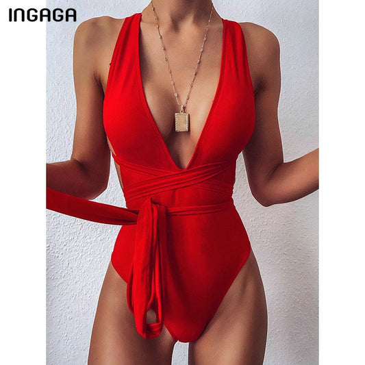 INGAGA 2021 Sexy Plunging Swimsuit One Piece High Cut Swimwear Women Cross Bandage Beachwear Summer Backless Bathing Suit Women