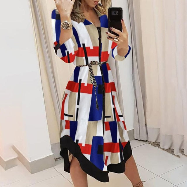 2021 Autumn Elegant Shirt Dress Women Button Long Sleeve Tunic Midi Dress Ladies Office V Neck Print Party Dresses For Women